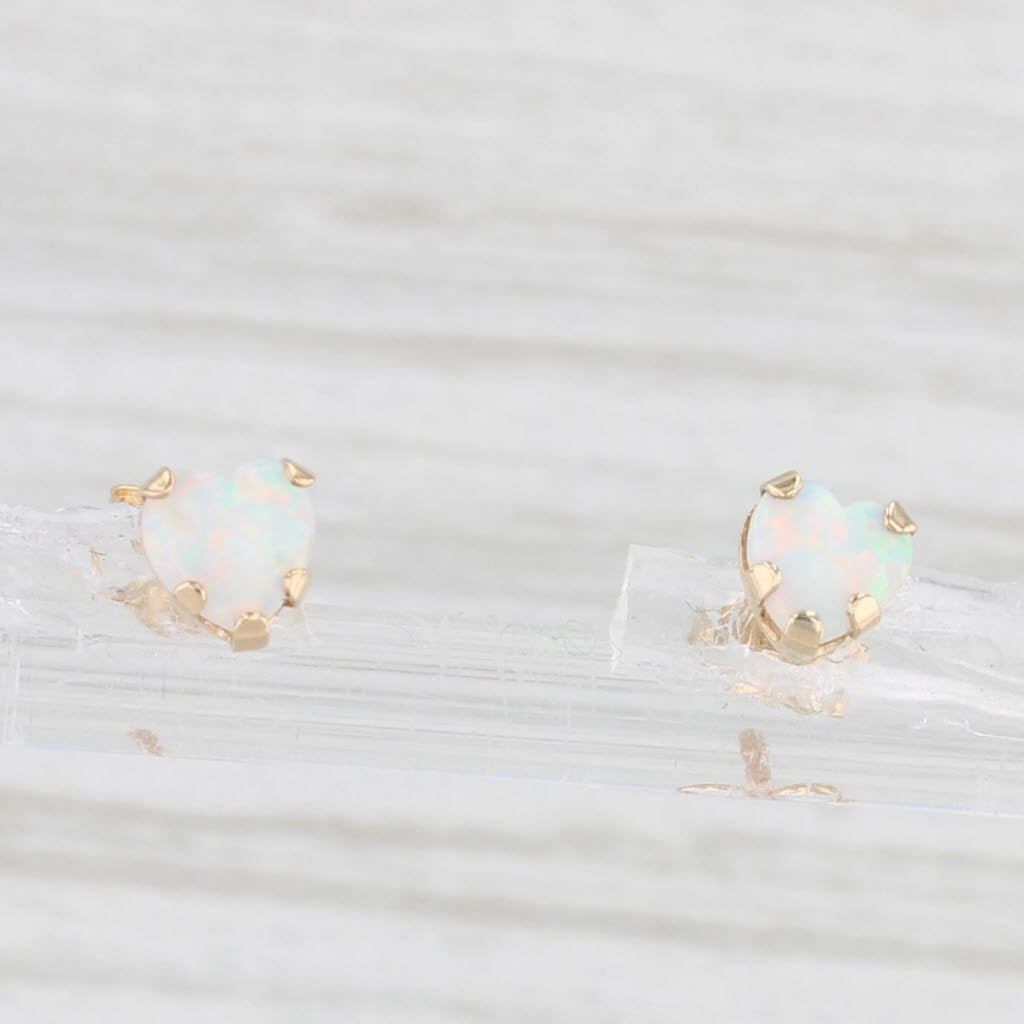 Light Gray Small Lab Created Opal Heart Cabochon Stud Earrings 10k Yellow Gold