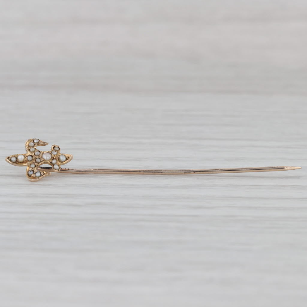 Gray Antique 10k Yellow Gold Stick Pin Fleur De Lis Seed Pearl Accents