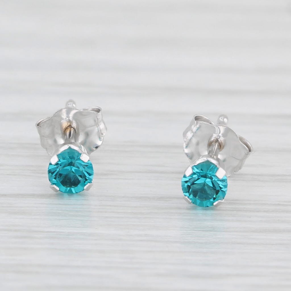 Light Gray Turquoise Blue Glass Stud Earrings 14k White Gold Round Solitaire Studs