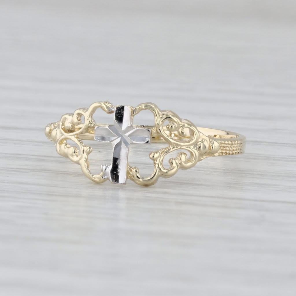 Ornate Cross Ring 10k Yellow White Gold Size 7.5