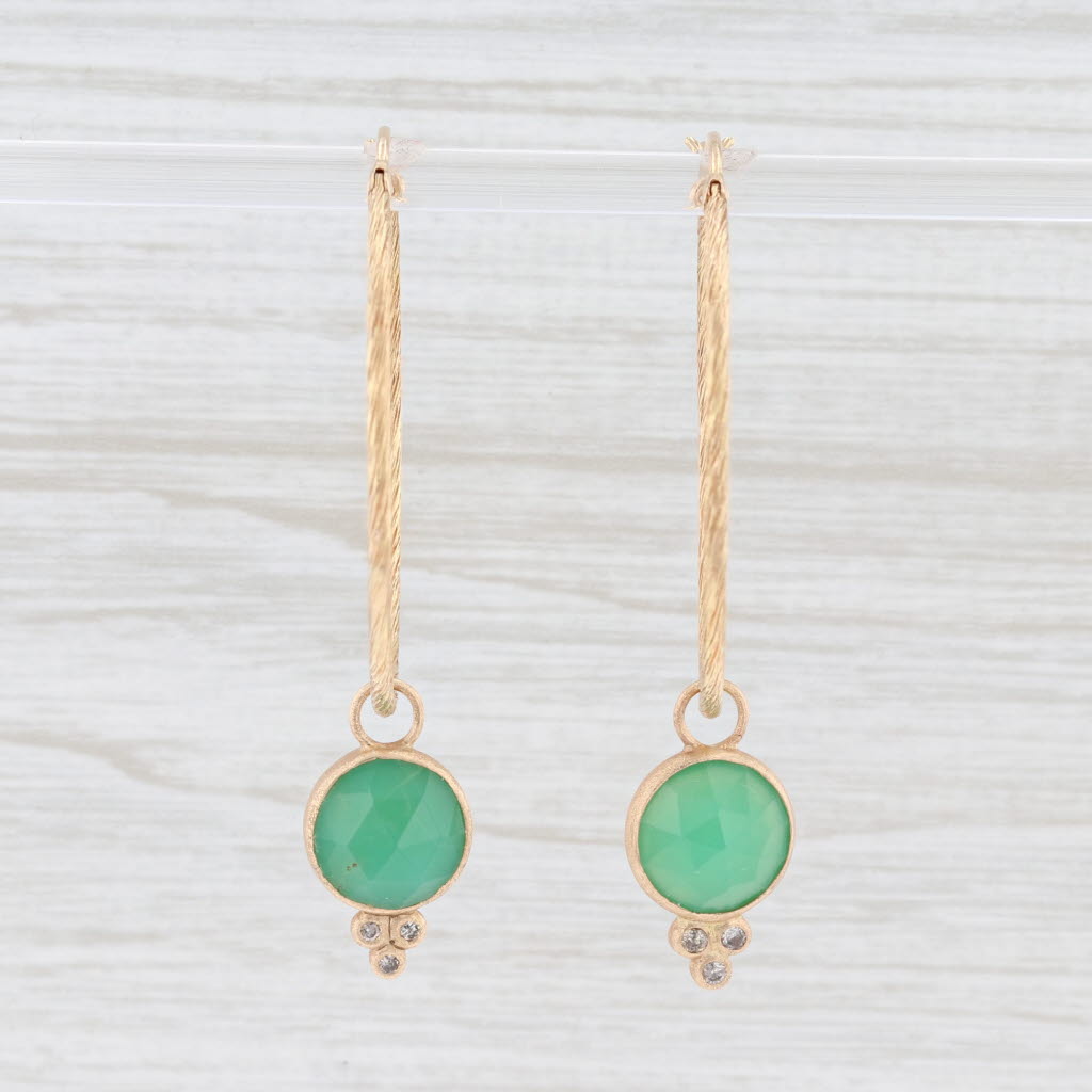 New Nina Wynn Hoop Earrings 18k Yellow Gold Diamond Green Chrysoprase Charms