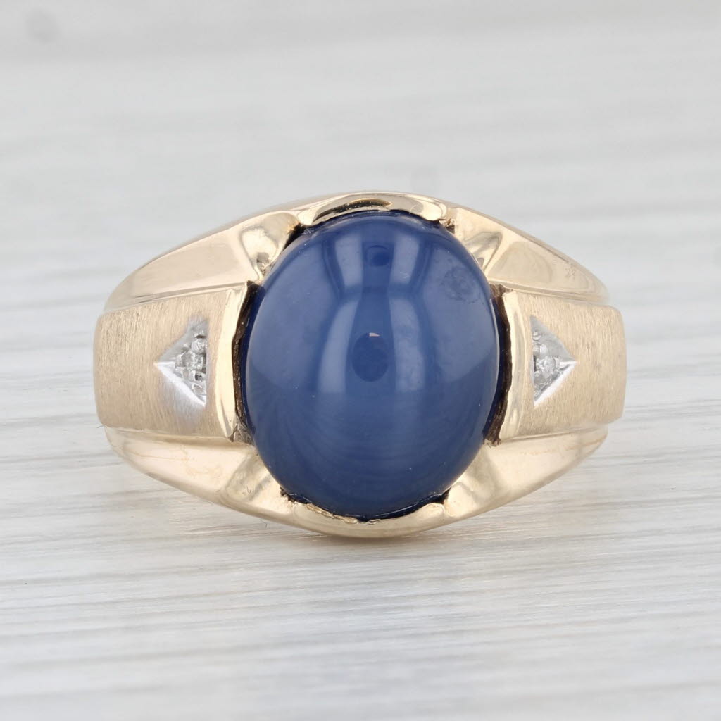 Light Gray Lab Created Blue Star Sapphire Ring 10k Yellow Gold Size 8 Oval Cabochon