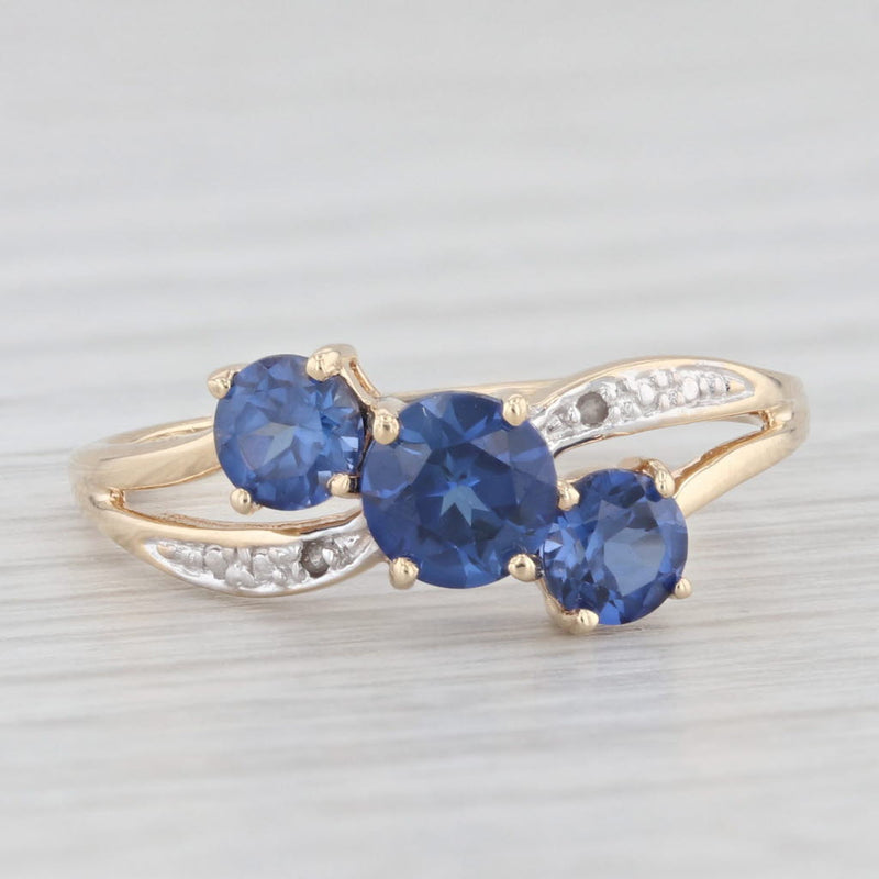 1.29ctw 3-Stone Lab Created Blue Sapphire Diamond Ring 10k Yellow Gold Size 7