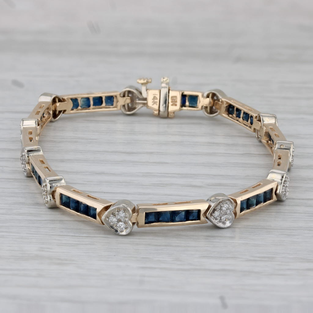 Gray 3.30ctw Blue Sapphire Bars Diamond Hearts Bracelet 14k Yellow Gold 7"