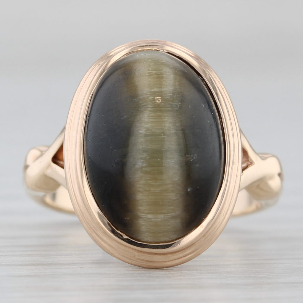 Gray Vintage Cat's Eye Tiger's Eye Oval Cabochon Solitaire Ring 10k Gold Size 4.75