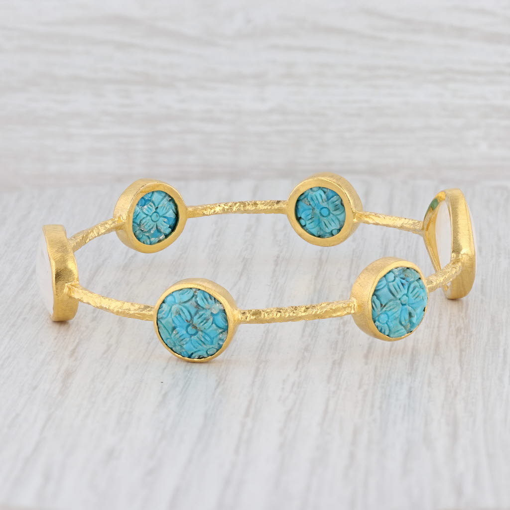 New Nina Nguyen Turquoise Moonstone 8" Bangle Bracelet Sterling 22k Vermeil