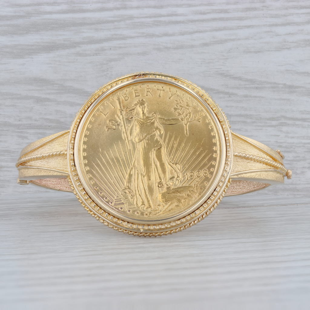 Gray 1908 $20 Dollar St Gaudens US Coin Bangle Bracelet 14k Yellow Gold Eagle 6.75”