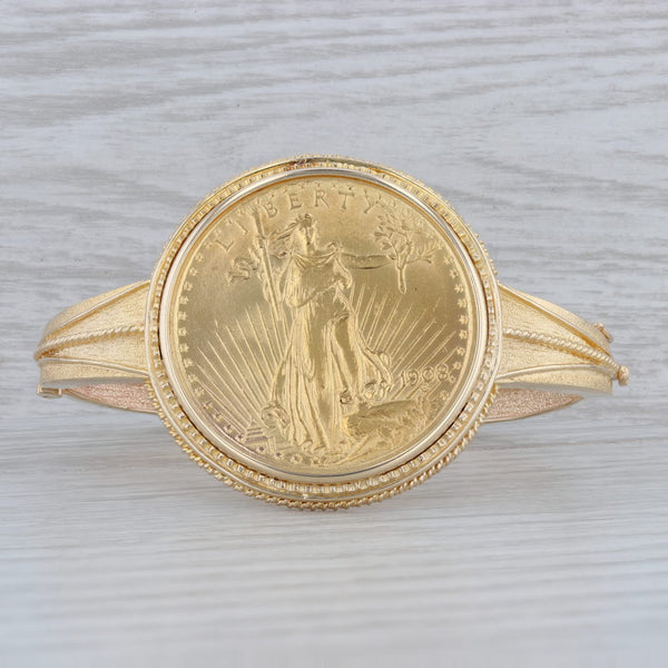 Gray 1908 20 Dollar American Eagle Coin Bangle Bracelet 14k 900 Yellow Gold 6.75”