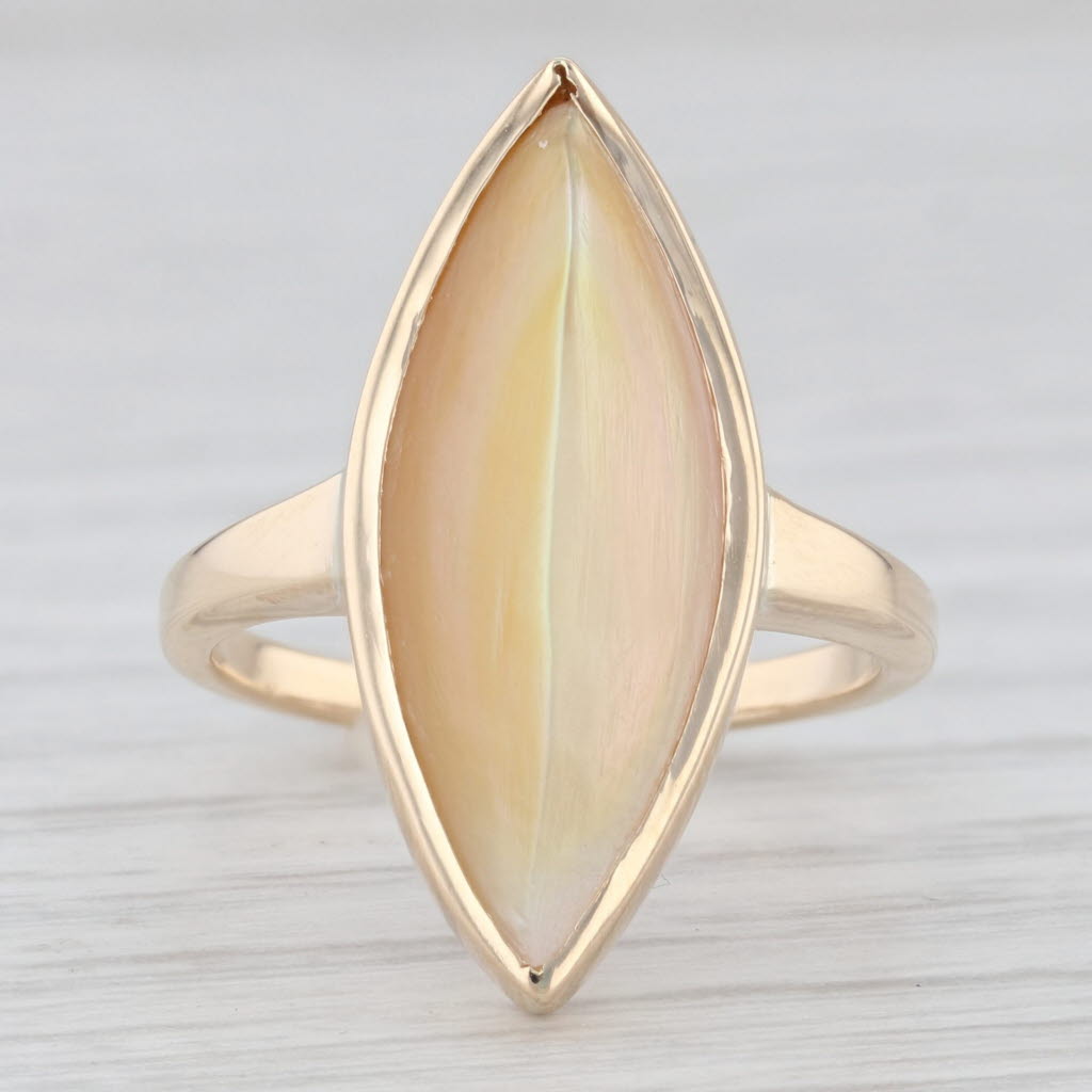 Light Gray Cellini Mother of Pearl Navette Ring 14k Yellow Gold Size 5.5 Cabochon Solitaire