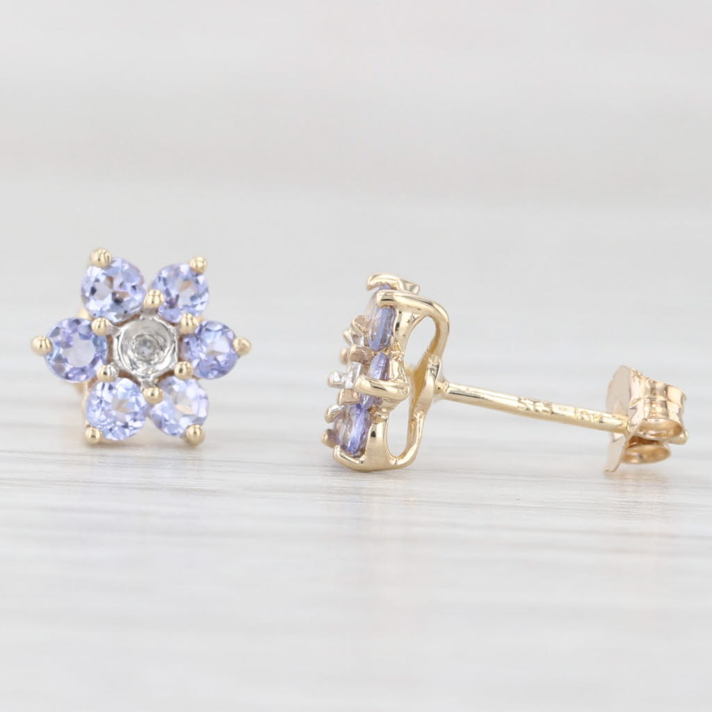 Light Gray 0.60ctw Tanzanite Diamond Flower Stud Earrings 10k Yellow Gold