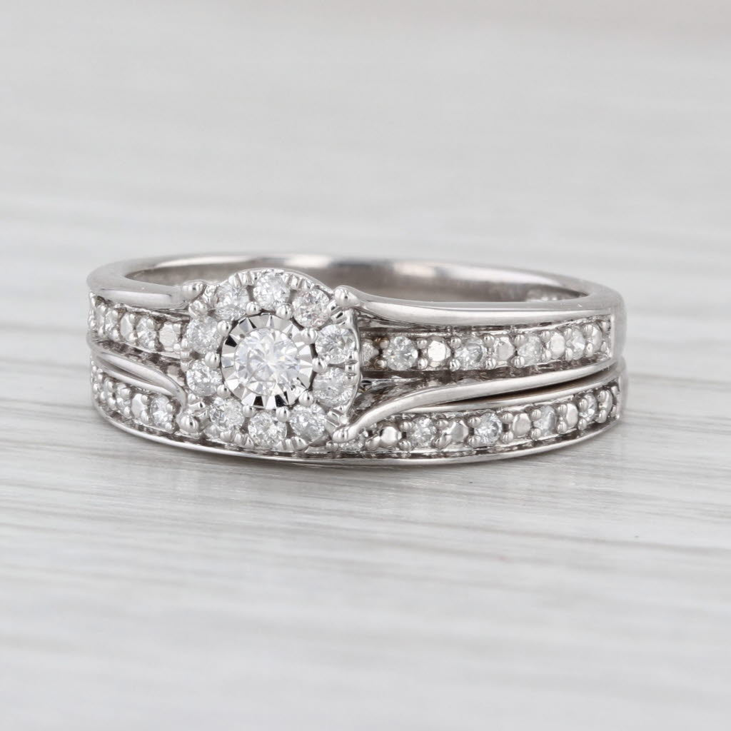 0.35ctw Diamond Halo Engagement Ring Wedding Band Bridal Set Sz 7 10k White Gold