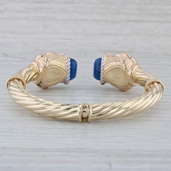 Blue Chalcedony Hinged Cuff Bracelet 14k Yellow Gold Ornate Italian