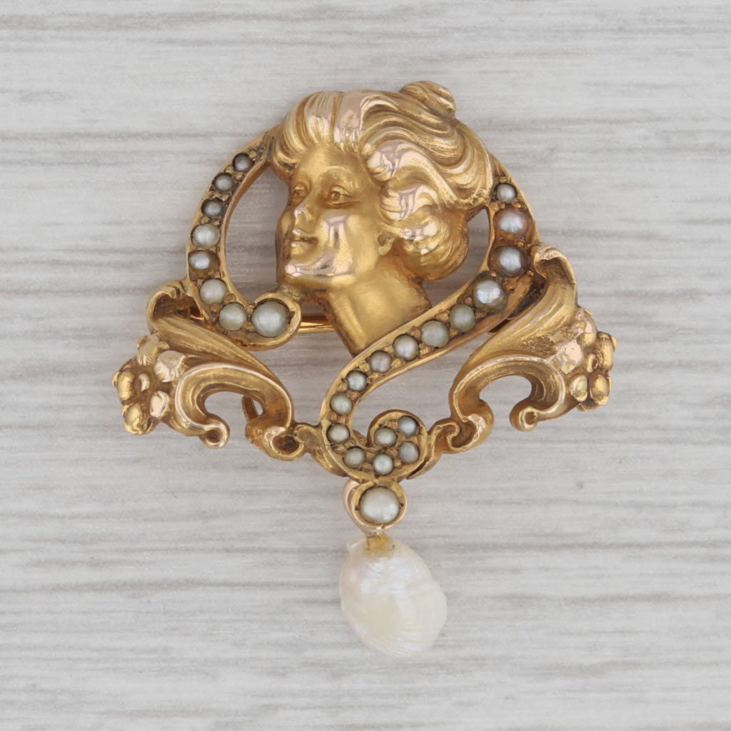 Gray Art Nouveau Figural Brooch 14k Yellow Gold Pearls Vintage Pin