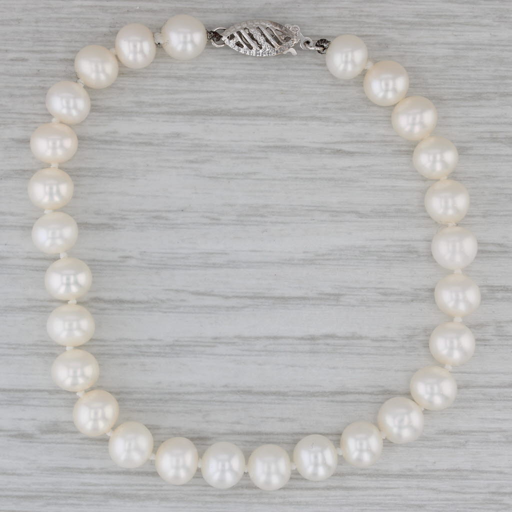 Gray 7" Single Cultured Pearl Strand Bracelet 14k White Gold 6.7mm