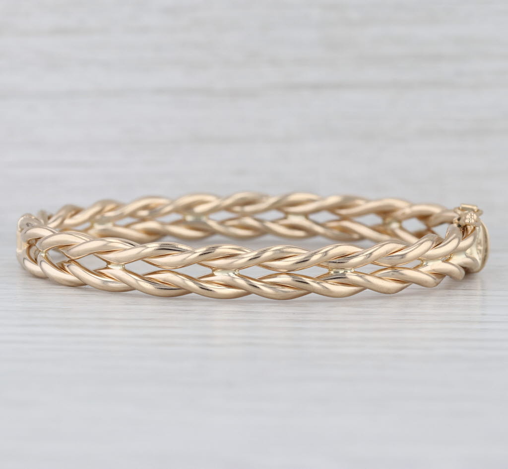 Woven Bangle Bracelet 14k Yellow Gold 7" 7.7mm Hinged Snap Clasp
