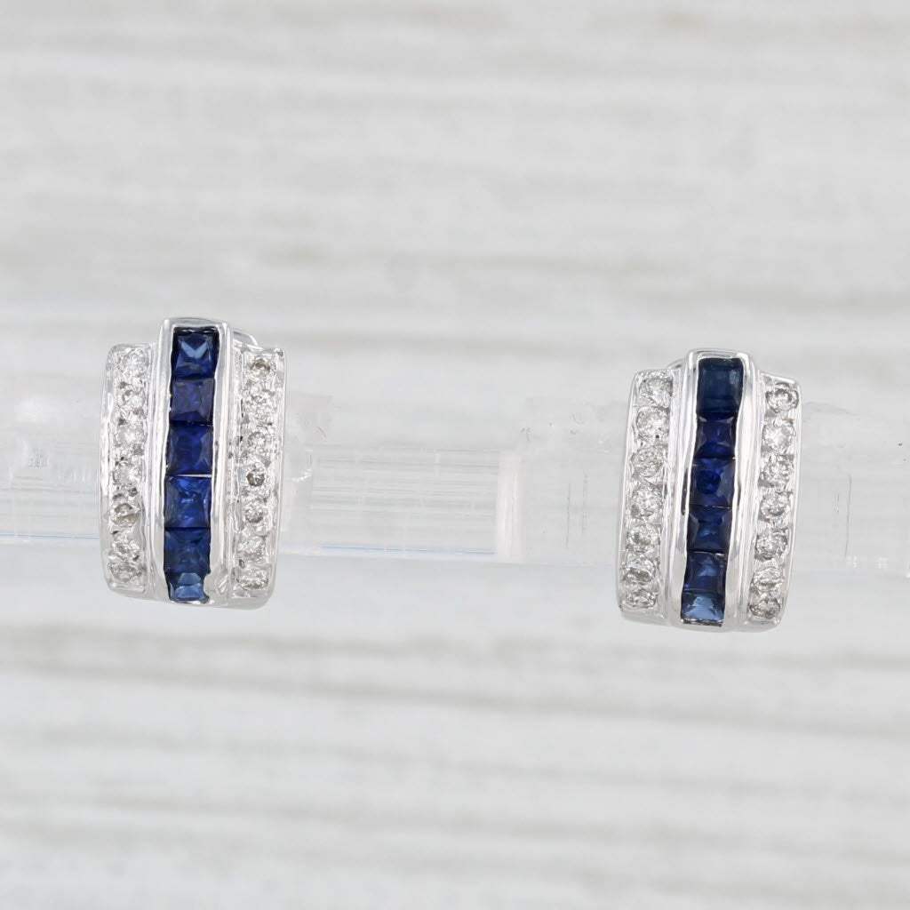 Light Gray 1.01ctw Blue Sapphire Diamond Huggie Hoop Earrings 18k Gold Hinged Snap Top