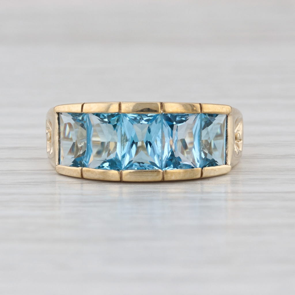 3.39ctw 5-Stone Blue Topaz Ring 10k Yellow Gold Size 7 Floral Accents
