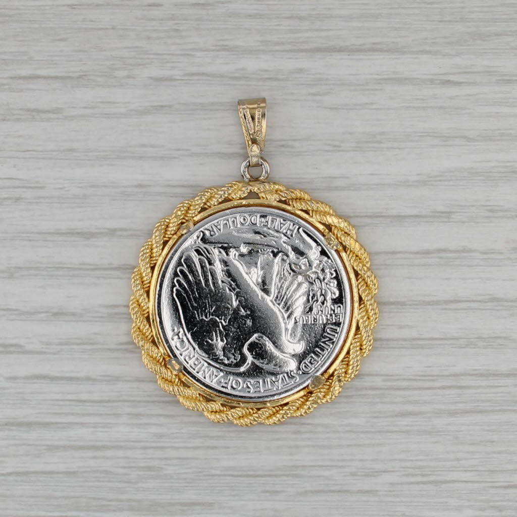 1945 Half Dollar Walking Liberty Eagle Coin Pendant 90% Silver Gold Toned Bezel