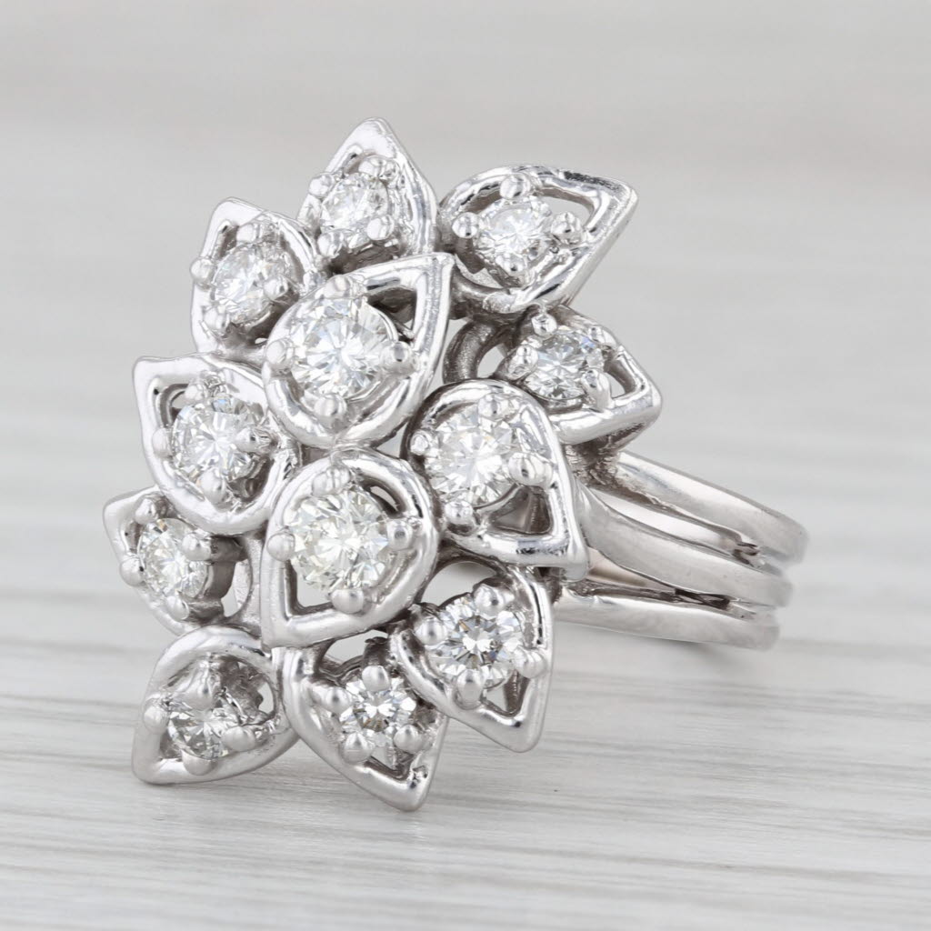 0.82ctw Diamond Cluster Ring 14k White Gold Size 6.5-6.75 Floral Cocktail