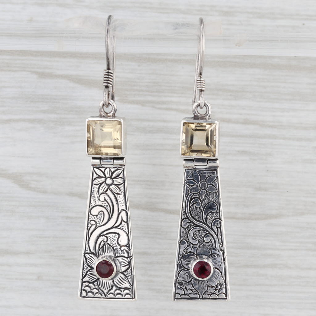 2.44ctw Citrine Garnet Floral Dangle Earrings Sterling Silver Hook Posts