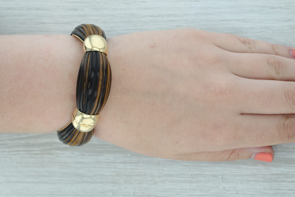 Vintage Tiger's Eye Bangle Bracelet 18k Yellow Gold 6.5" 21mm