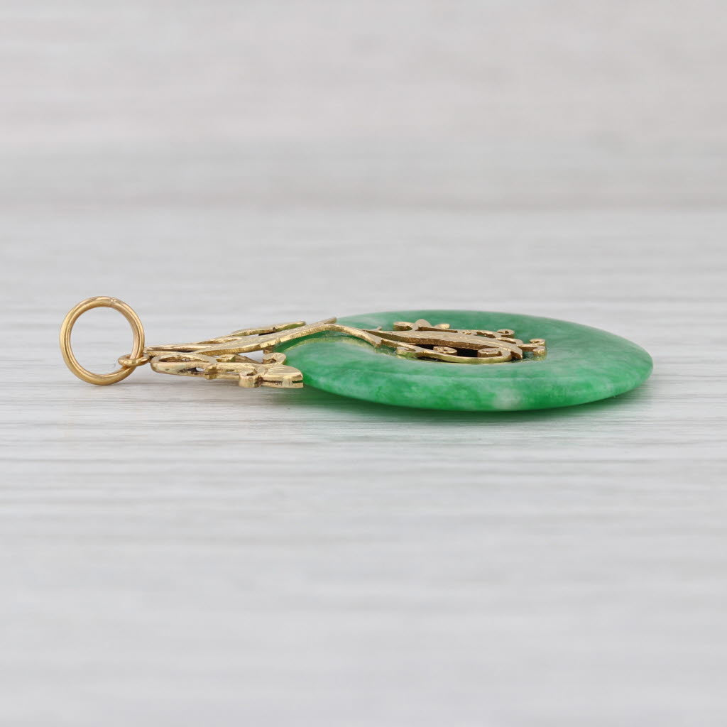 Green Jadeite Jade Hololith Ornate Leaf Pendant 19k Yellow Gold