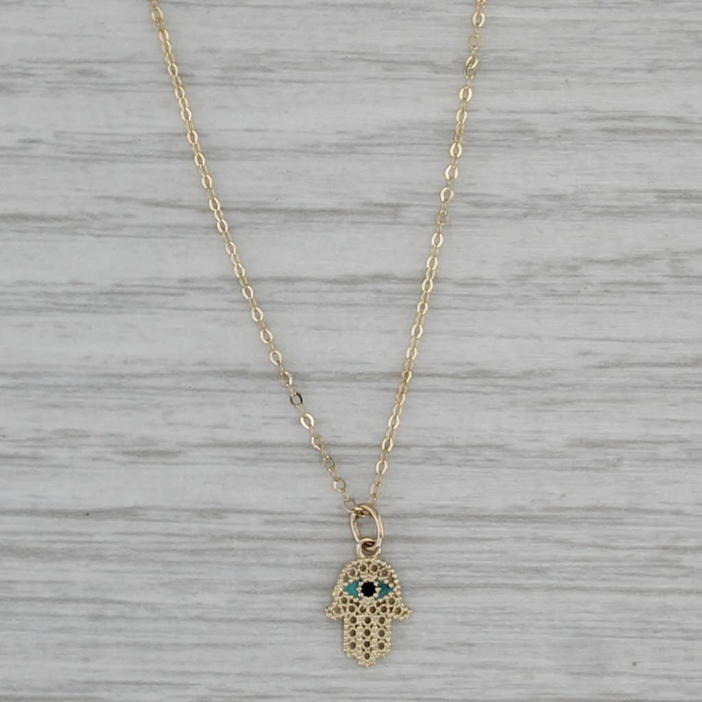 Hamsa Hand All Seeing Eye Pendant Necklace 14k Gold 16.5" 18.5" Cable Chain