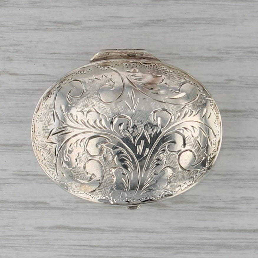 Sterling Silver Snuff / Pill Box Engravable Vintage Ornate Floral Pattern Opens