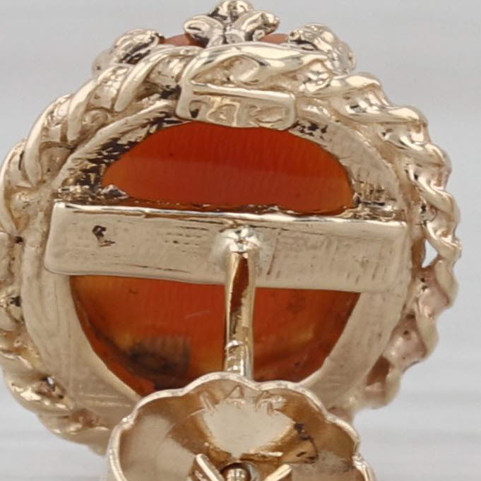 Vintage Carved Shell Cameo Stud Earrings 14k Yellow old Ornate Figural Studs