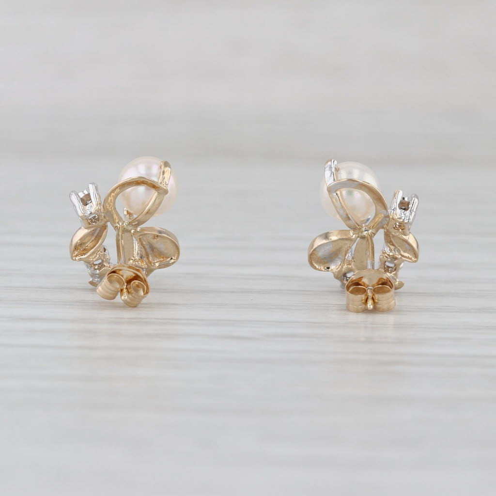 Cultured Pearl Diamond Flower Stud Earrings 14k Yellow Gold Studs