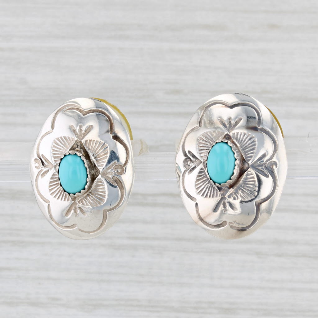 Light Gray Native American Turquoise Flower Stud Earrings Sterling Silver Signed Vintage