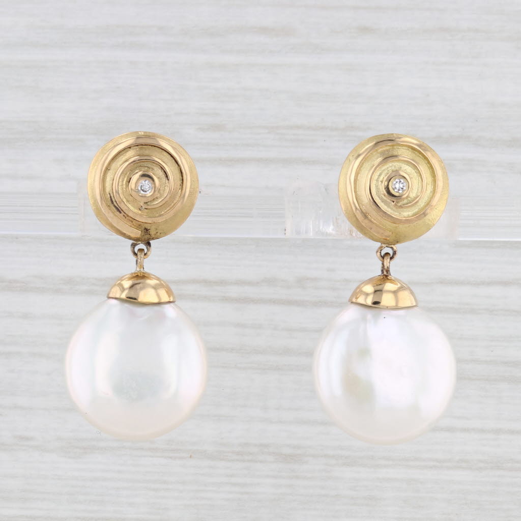 Light Gray Yvel Cultured Pearl Coin Diamond Dangle Earrings 18k Yellow Gold Pierced Drops