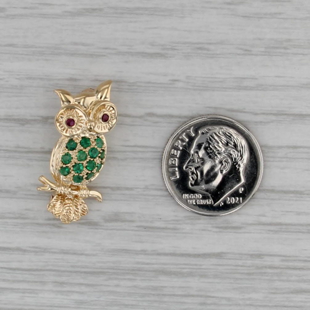 0.30ctw Emerald Ruby Small Owl Pin 14k Yellow Gold