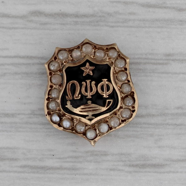 Omega Psi Phi Shield Badge 10k Gold Pearl Vintage Fraternity Pin 1940s