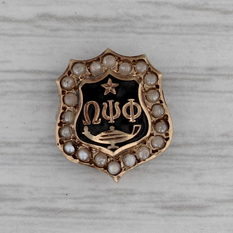 Omega Psi Phi Shield Badge 10k Gold Pearl Vintage Fraternity Pin 1940s