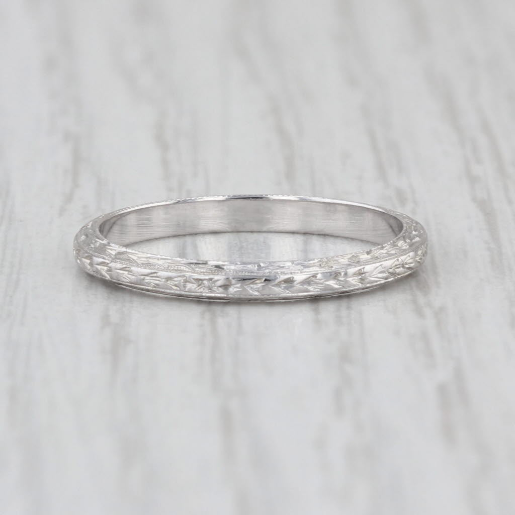Belias Art Deco Wheat Etched Wedding Band 18k White Gold Stackable Ring Size 7.5