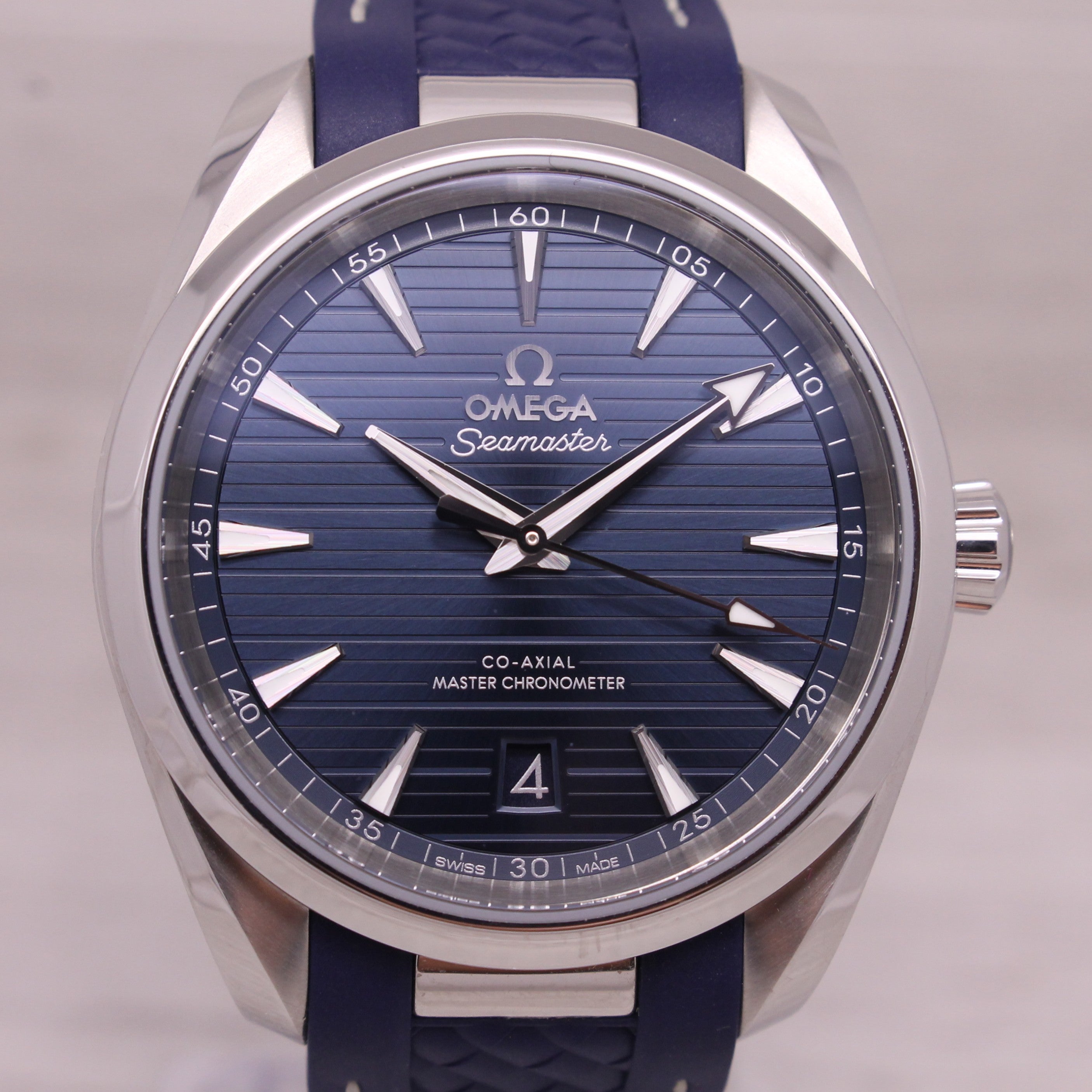 Dark Gray Omega Seamaster Aqua Terra 38mm Mens Steel Blue Co-Axial Chronometer Watch w Box