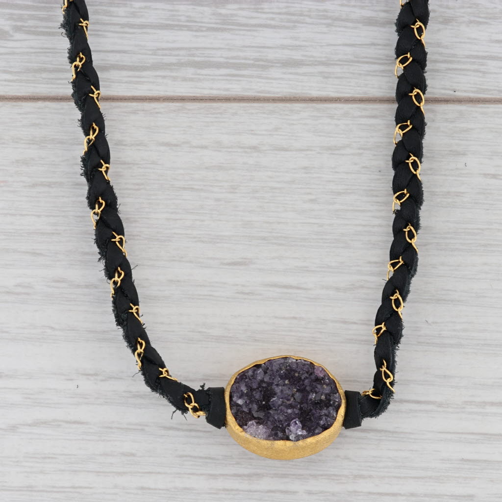 New Nina Wynn Cordelia Necklace Black Leather Amethyst Druzy Pendant NWT