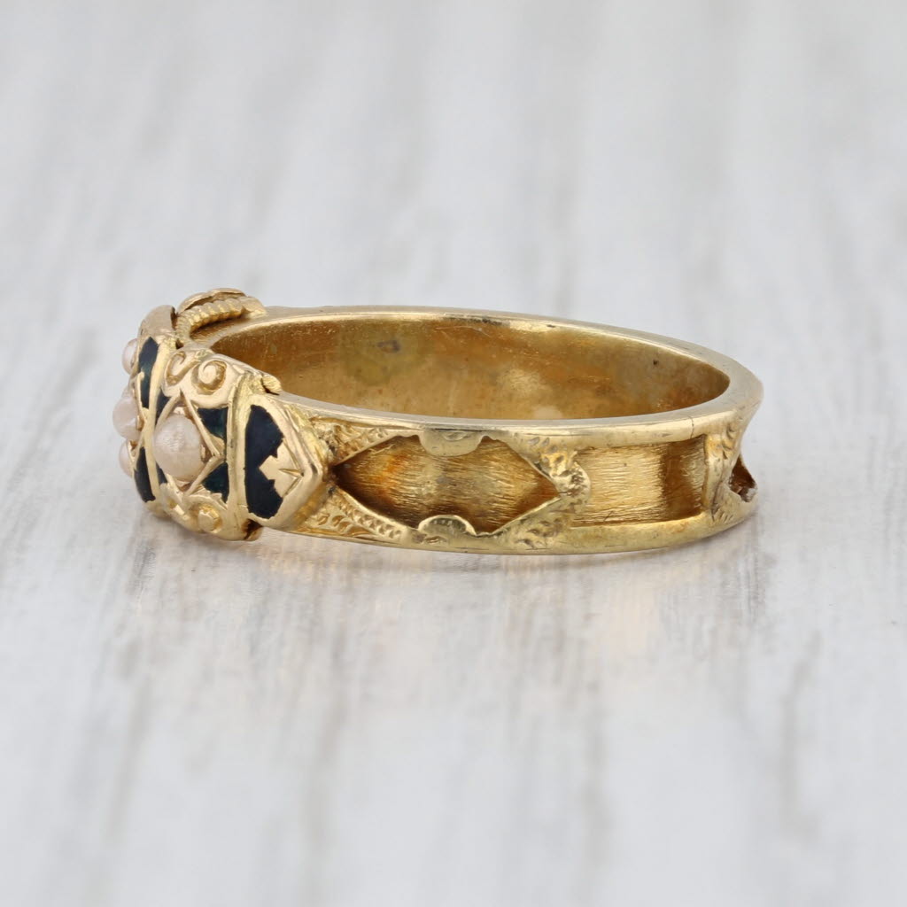 Antique Natural & Imitation Pearl Enamel Ring 18k Yellow Gold Size 6 Band