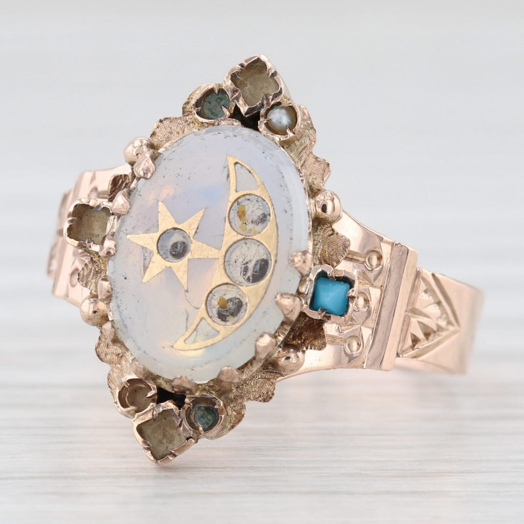 Light Gray Victorian Moon Star Ring 14k Yellow Gold Pearl Glass Ornate Antique AS IS