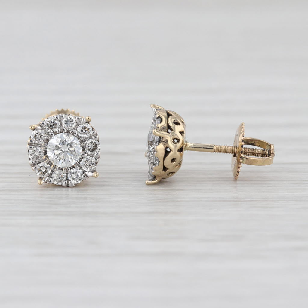 New 0.57ctw Diamond Halo Stud Earrings 14k Yellow Gold Screw Back Studs