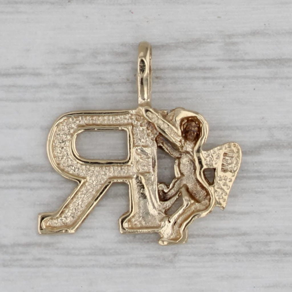 Gray Initial Letter "R" Guardian Angel Pendant 10k Yellow Gold Cherub Charm