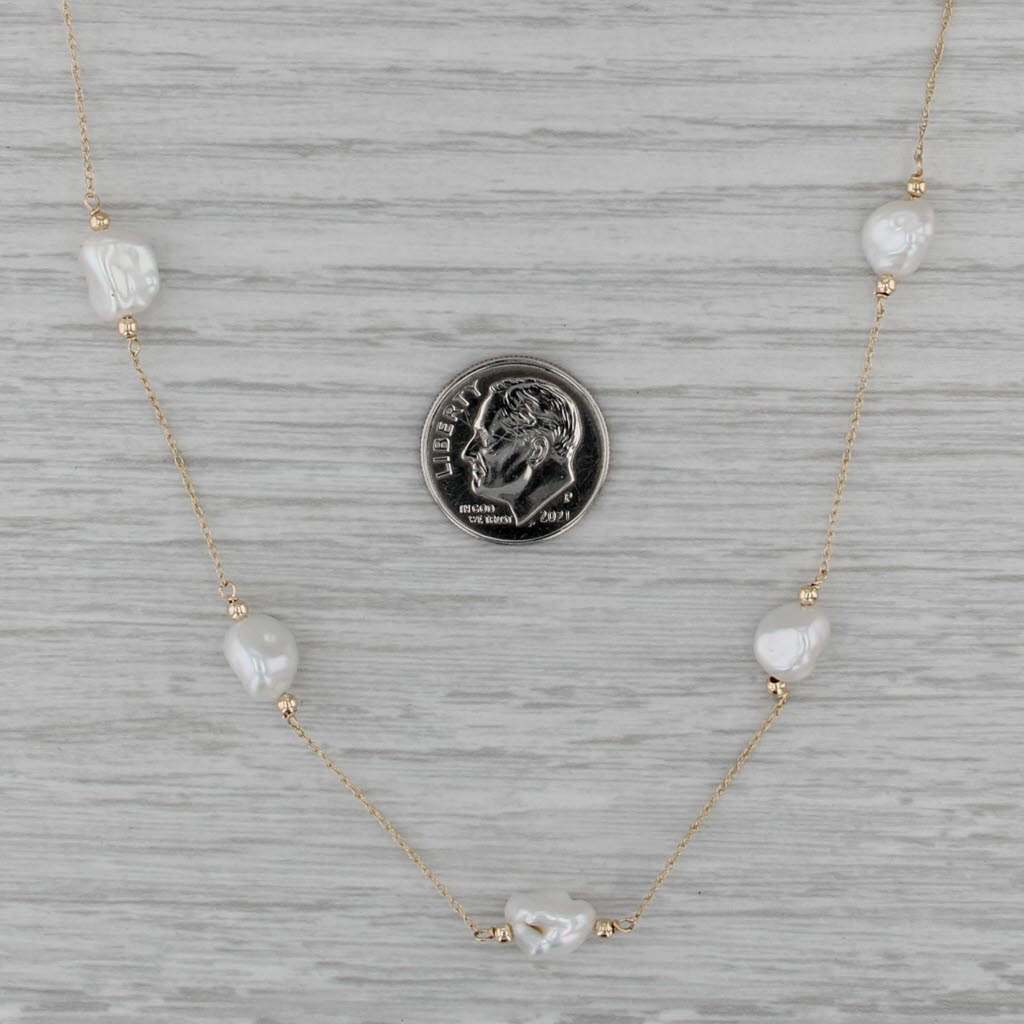 Baroque Cultured Pearl Station Necklace 14k Yellow Gold Rope Chain 16.25"