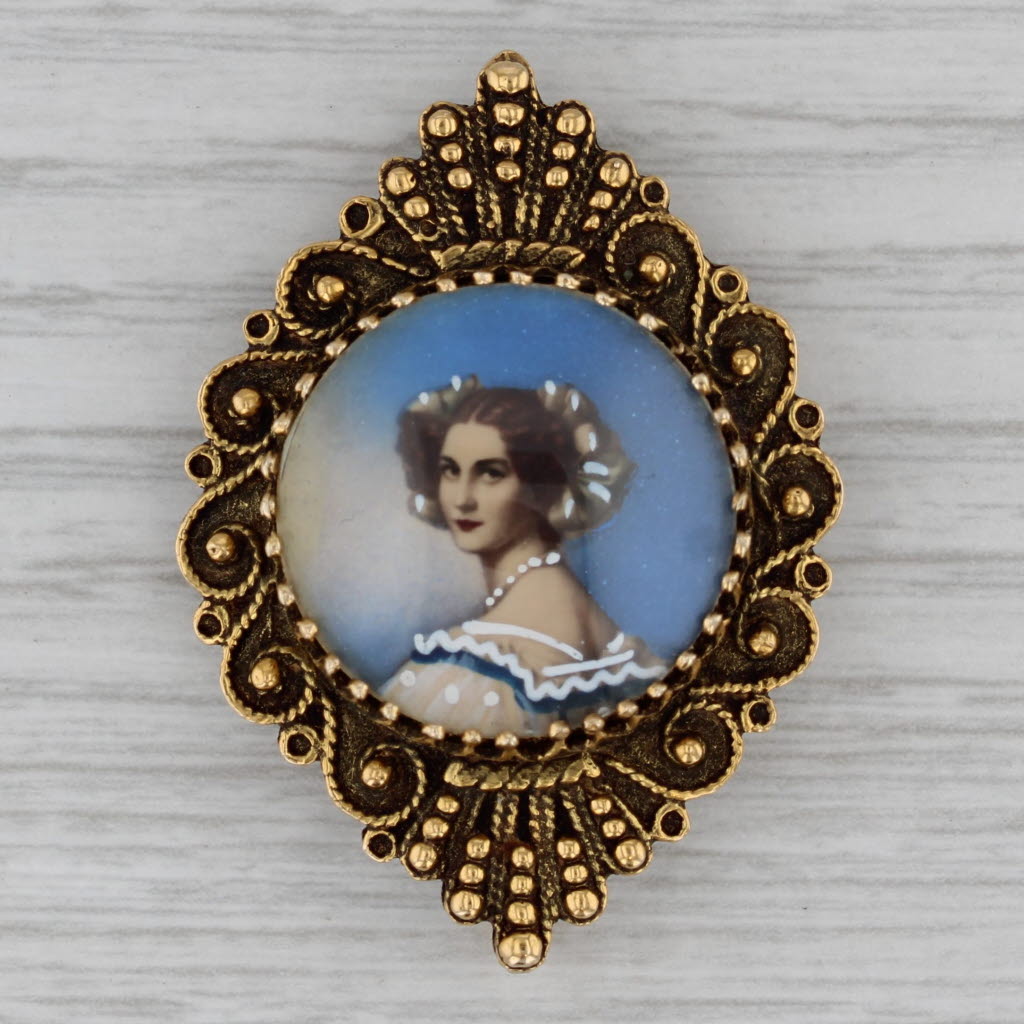 Gray Vintage Old Fashioned Glass Portrait Brooch 14k Gold Ornate Pin