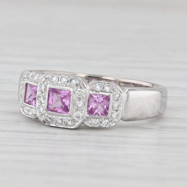 Light Gray 0.87ctw Pink Sapphire Diamond Halo 3-Stone Ring 14k White Gold Size 6.5