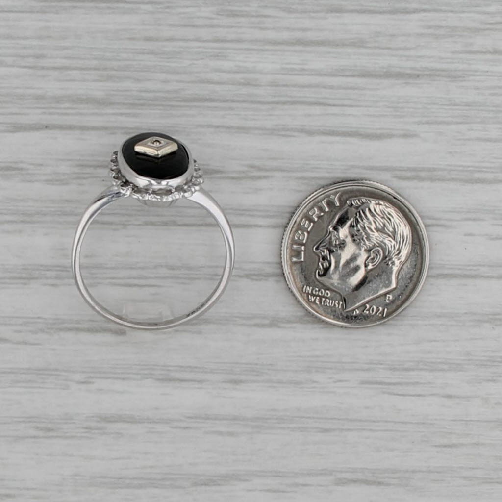 Vintage Onyx Diamond Signet Ring 10k White Gold Size 7