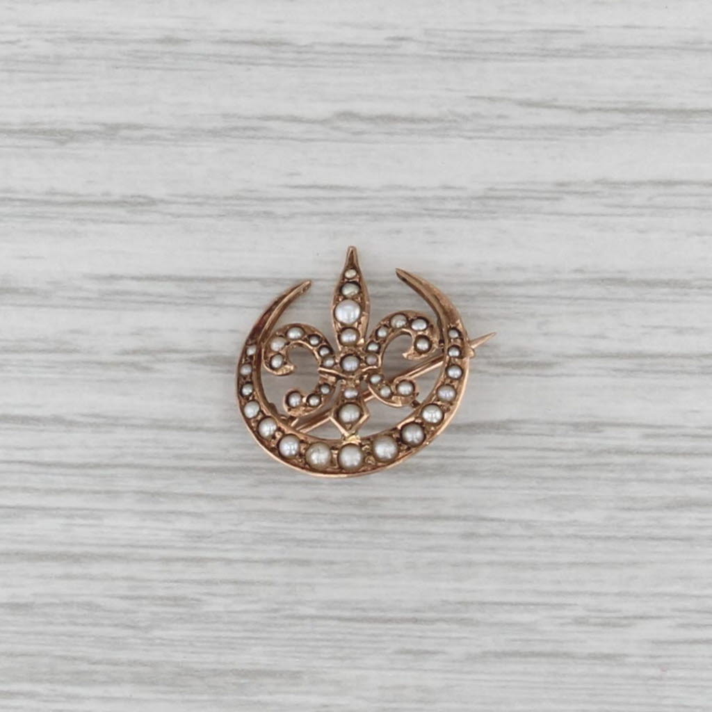 Antique Seed Pearl Fleur De Lis Crescent Pin 10k Rose Gold