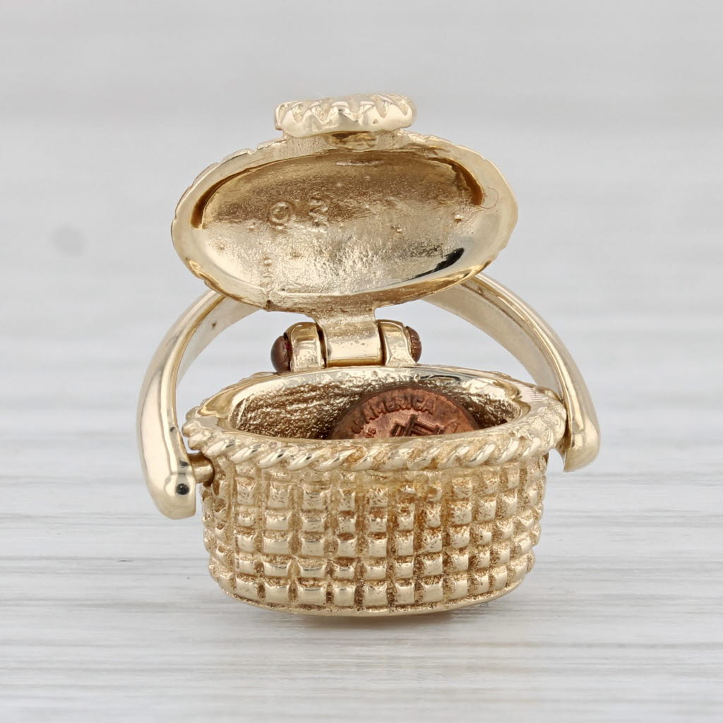 Light Gray Nantucket Picnic Basket Pendant 14k Yellow Gold Open Lucky Penny Inside 3D Charm