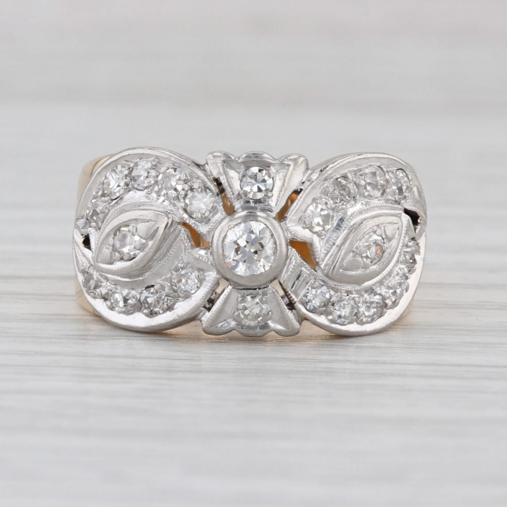 Vintage Ornate 0.61ctw Diamond Ring 12k Gold Platinum Size 8 Wide Band