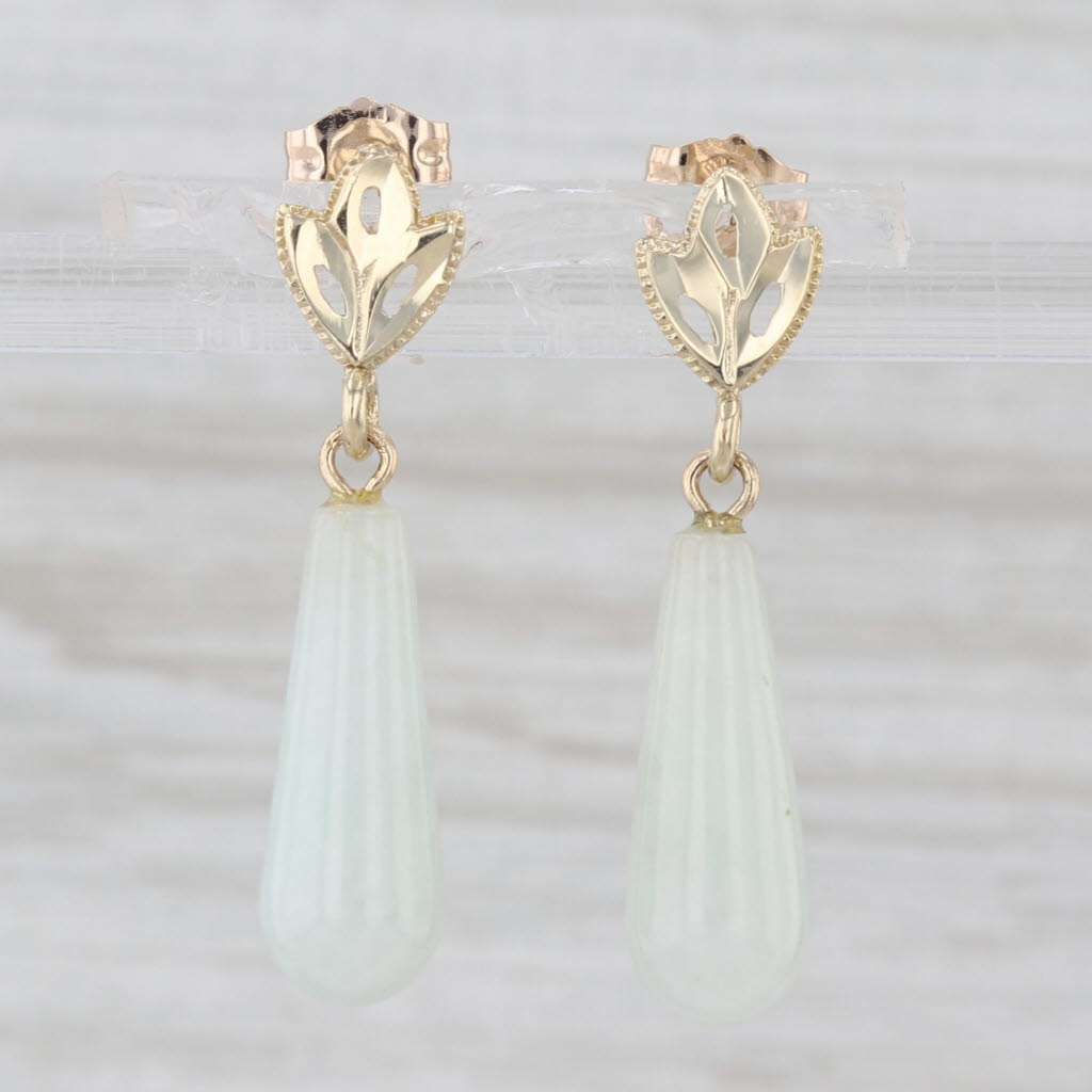 White Jadite Jade Teardrop Earrings 10k Yellow Gold Dangles Drops